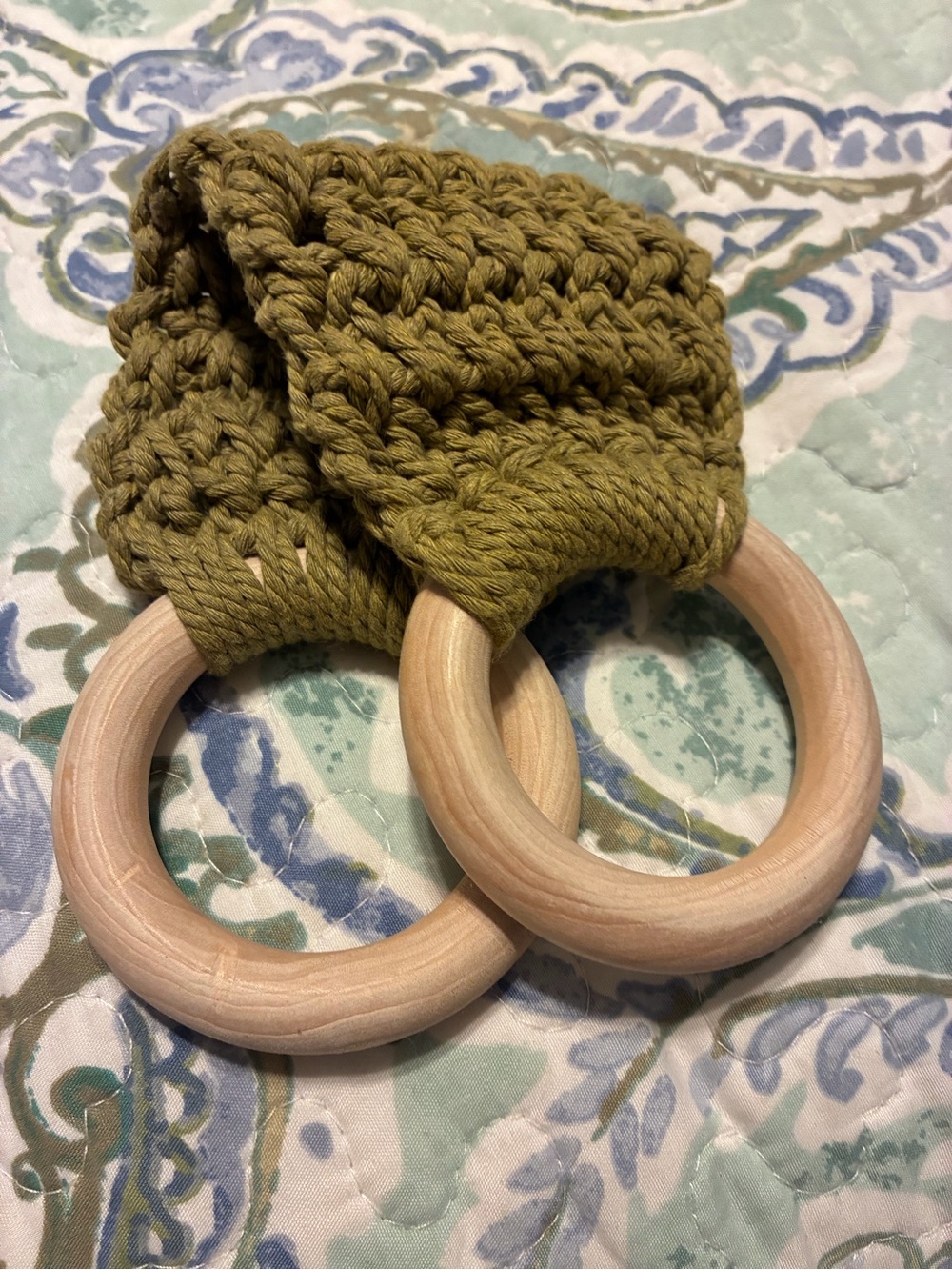 Handmade olive green crochet Wood ring towel holder oven kitchen bath use decor